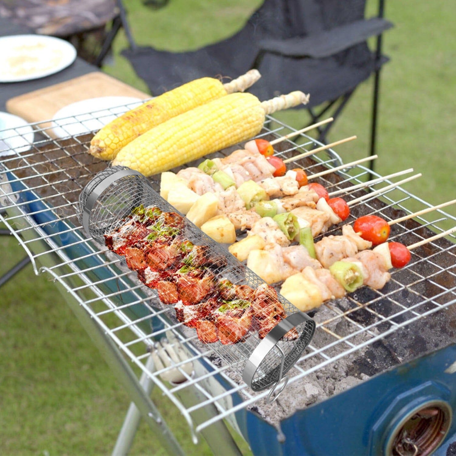 Maliben | 2-Piece: Portable Bbq Rolling Basket Round Stainless Steel Grill