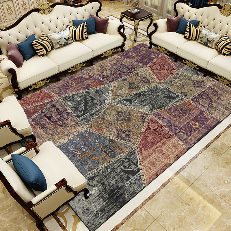 Maliben | Vintage Worn Color Moroccan Carpet Synthetic Patchwork Rug Non-Slip Machine Washable Stain Resistant Rug For Large Room