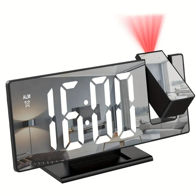 Maliben | 180° Adjustable Led Projection Alarm Clock – Snooze, 12/24h Time & Temperature Display, Mirror Design – Usb Powered, Night Mode & Memory Function