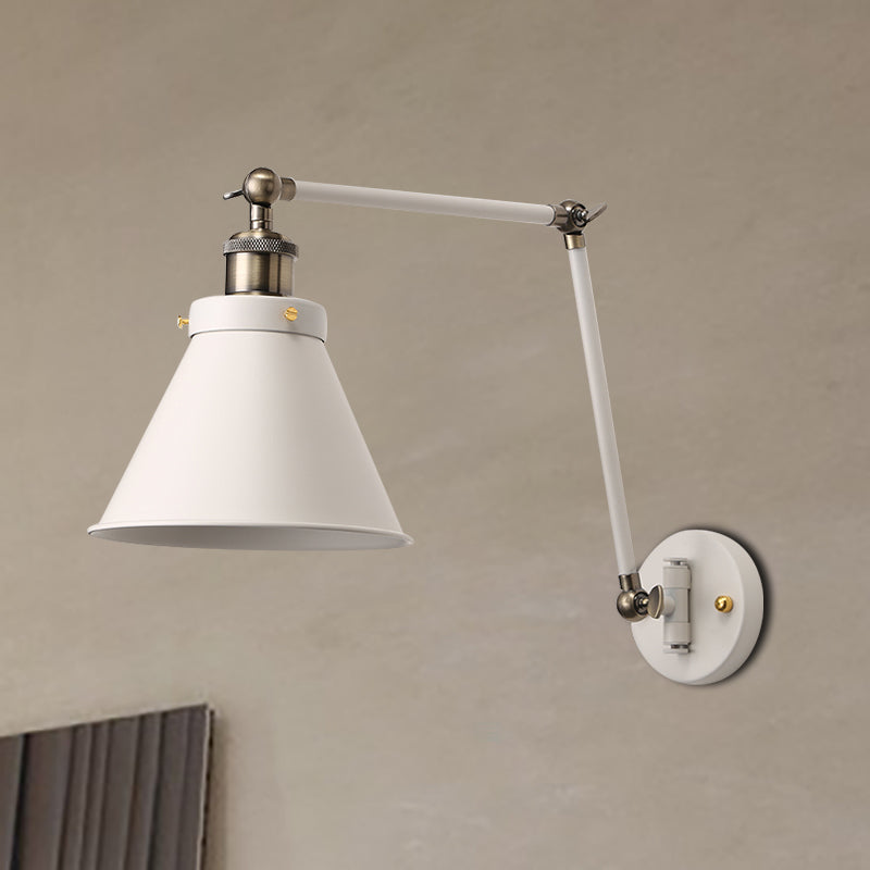 Maliben | Cone Wall Lamp Fixture Industrial Style Metal 1 Bulb Black/White Wall Light With Swing Arm For Bedroom