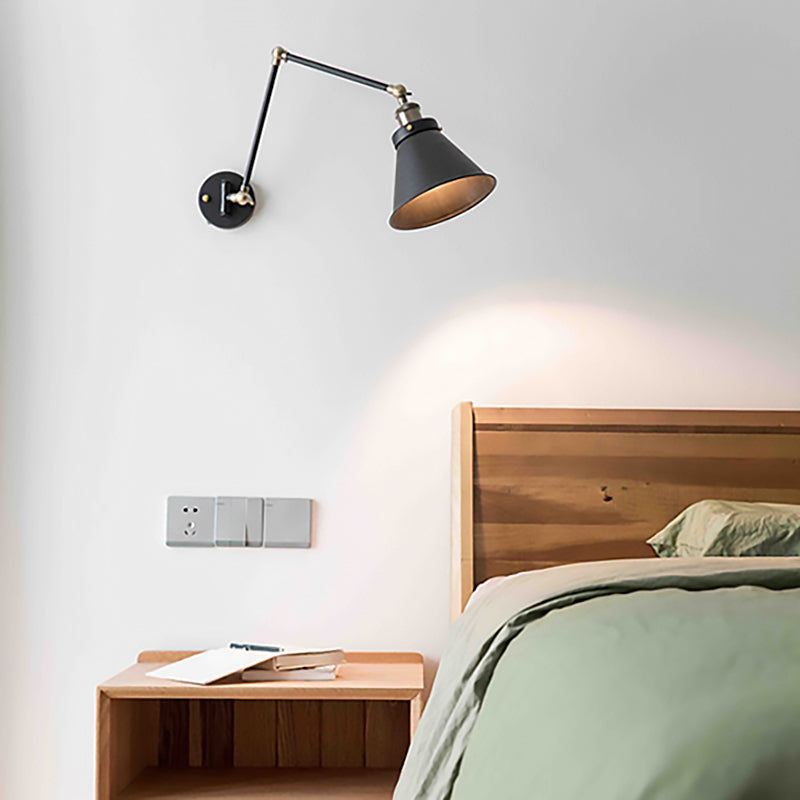 Maliben | Cone Wall Lamp Fixture Industrial Style Metal 1 Bulb Black/White Wall Light With Swing Arm For Bedroom