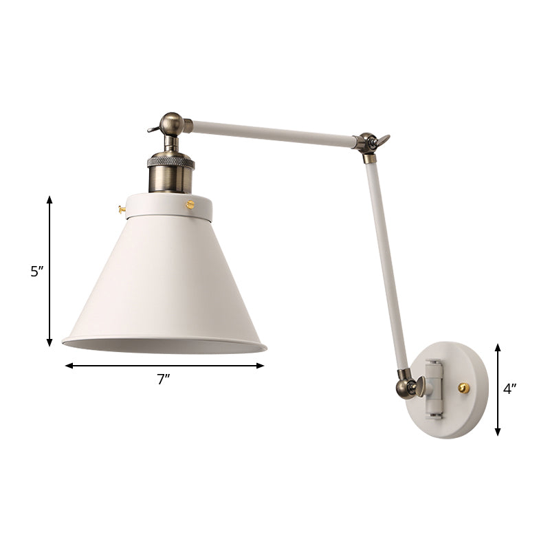 Maliben | Cone Wall Lamp Fixture Industrial Style Metal 1 Bulb Black/White Wall Light With Swing Arm For Bedroom