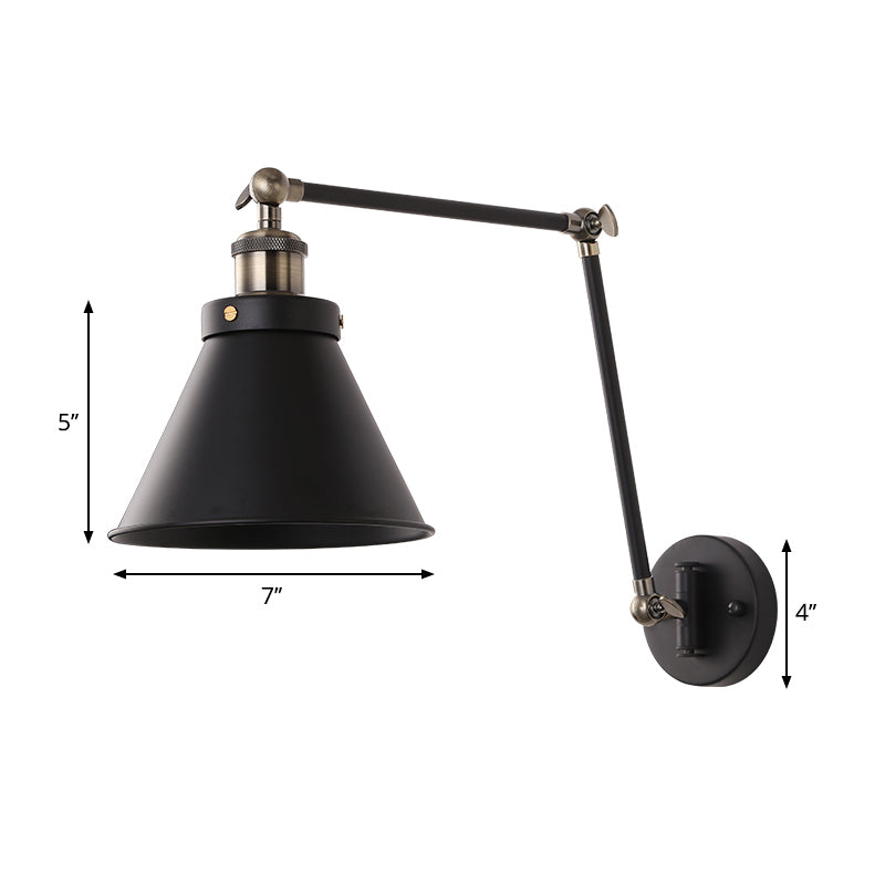 Maliben | Cone Wall Lamp Fixture Industrial Style Metal 1 Bulb Black/White Wall Light With Swing Arm For Bedroom