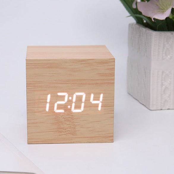 Led Wooden Clock Luminous Sound Control Electronic Alarm Clock Desktop Alarm Clock