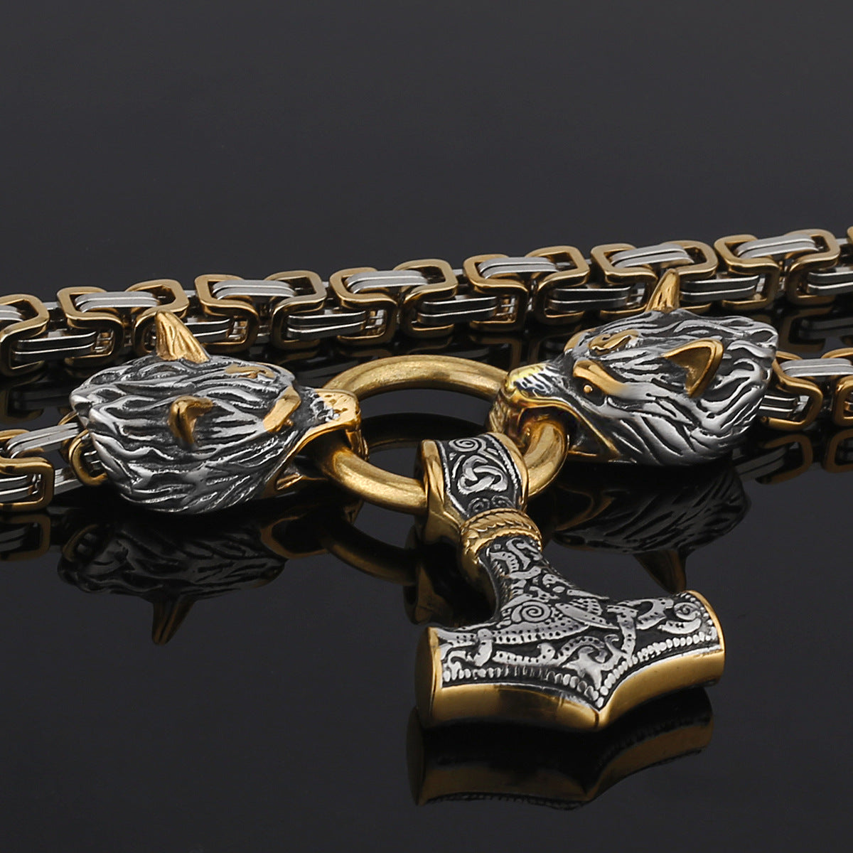 Stainless Steel Nordic Viking Wolf Thor's Hammer Men's Necklace