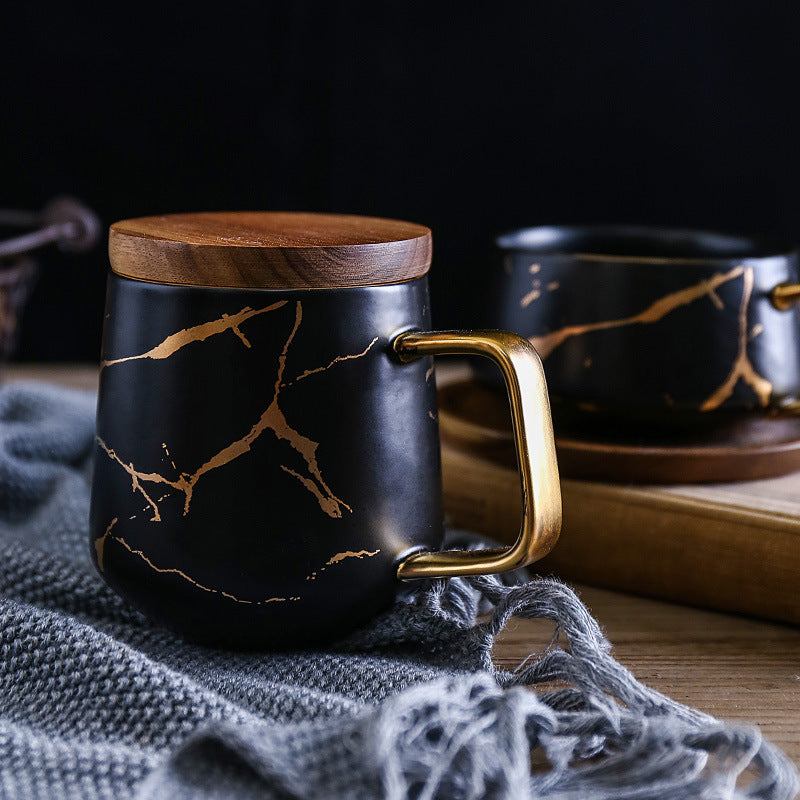 Marble Matte Gold Coffee Cup Japanese Black And White Gold Ceramic Tea Cup Mug With Wood Plate Cup And Saucer