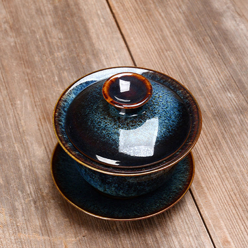 Maliben | Vintage Kiln Ceramic Gaiwan Sancai Tea Cup Tea Cup and Saucer with Lid