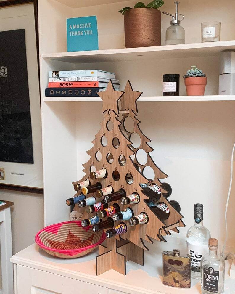 Maliben | Wooden Advent Calendar | Christmas Tree Shape & Refillable | For Beer, Wine & Mini Bottles | Reusable