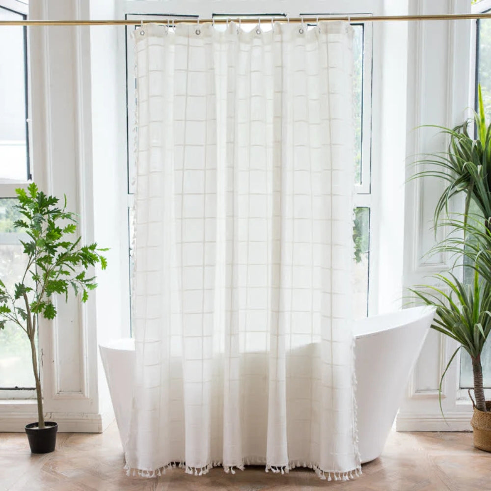 Maliben | Cotton Linen Shower Curtain Check Print Fringes Waterproof Machine Washable Bathroom Decor