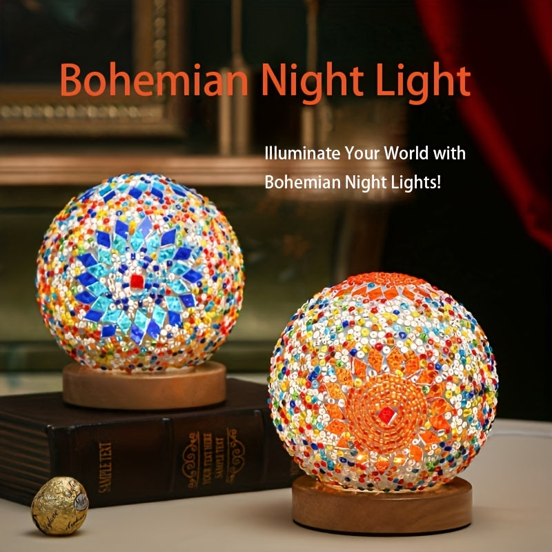 Maliben | Mosaic Glass Ball Table Lamp With Wooden Base - Turkish Moroccan Inspired