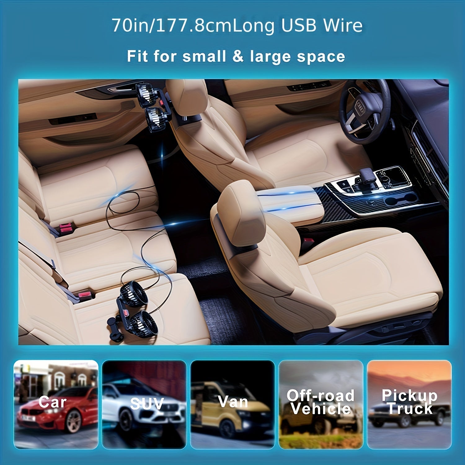 Maliben | Double Fan Airtrek Duo | 360° Rotatable | Ultra-Quiet & Compact | Usb Car Fan With 5 Blades