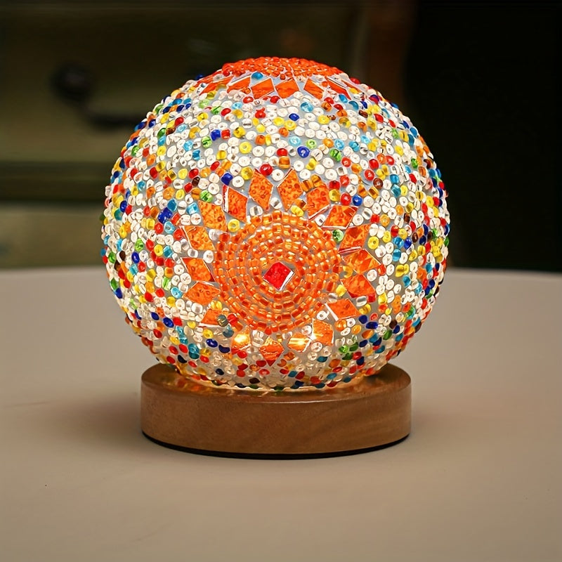 Maliben | Mosaic Glass Ball Table Lamp With Wooden Base - Turkish Moroccan Inspired