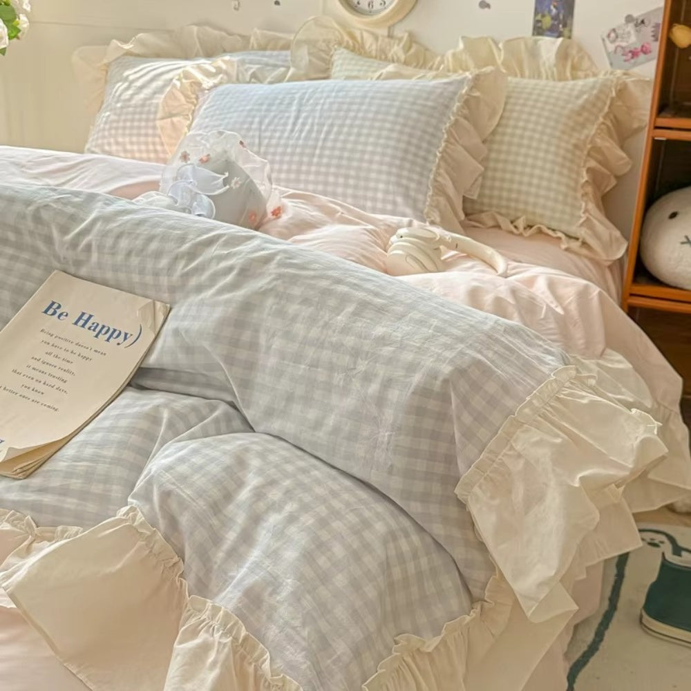 Maliben | Gingham Check Ruffled Edges Bedding Set
