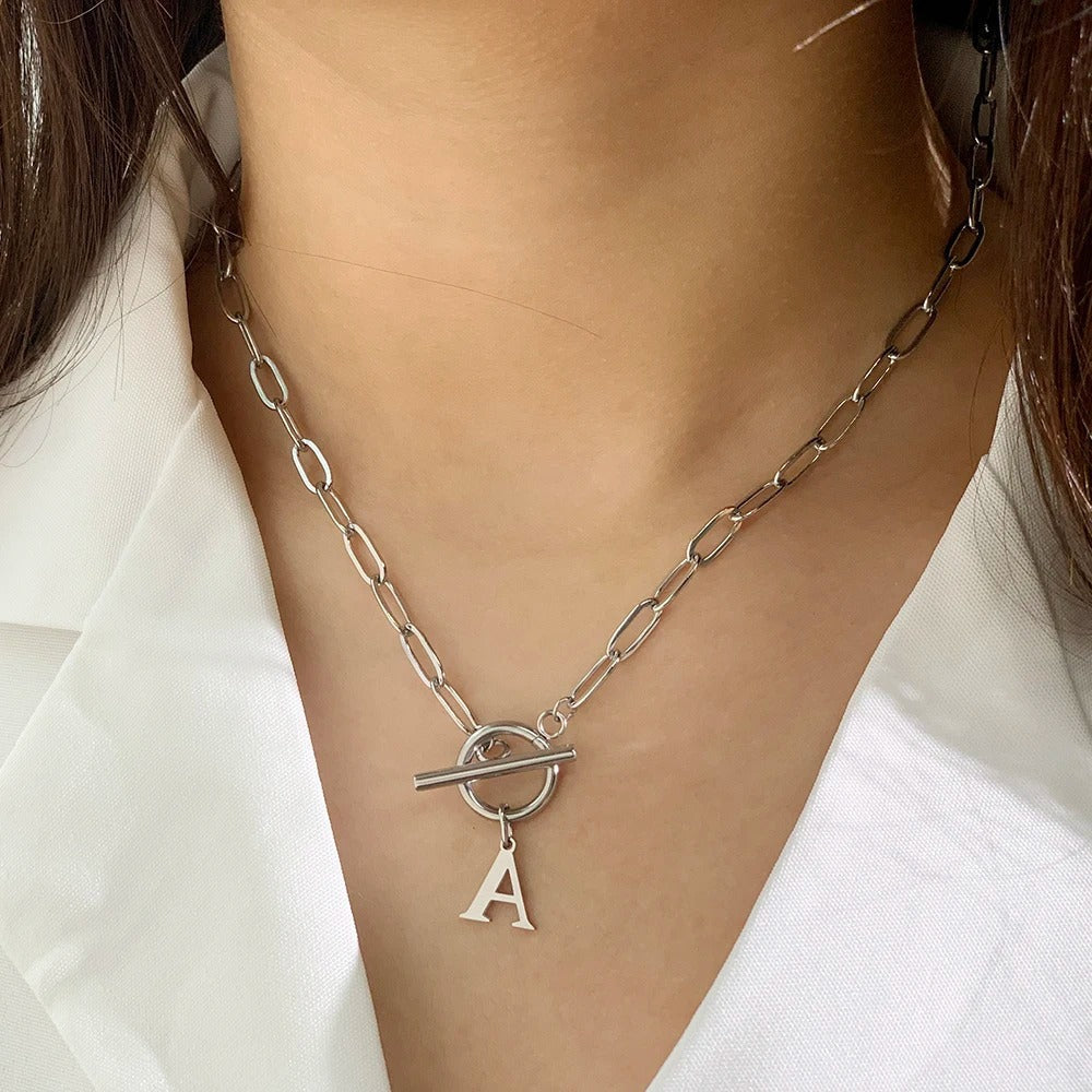Maliben | Paperclip Letter Initial Circle Lock Clasp Necklace
