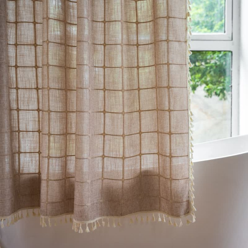 Maliben | Cotton Linen Shower Curtain Check Print Fringes Waterproof Machine Washable Bathroom Decor