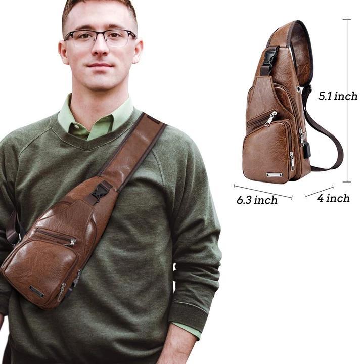 Maliben | Large Men's Leather Bag Chest Backpack Waterproof Crossbody Bag With Usb