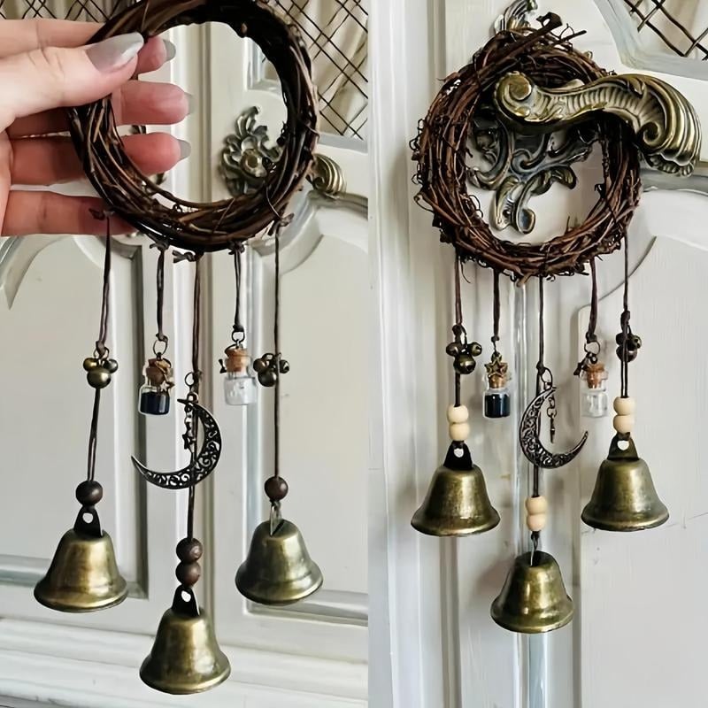 Maliben | Witch Bell HangIng Decor | Boho Rustic Design | Rattan & Metal | 11.8 in