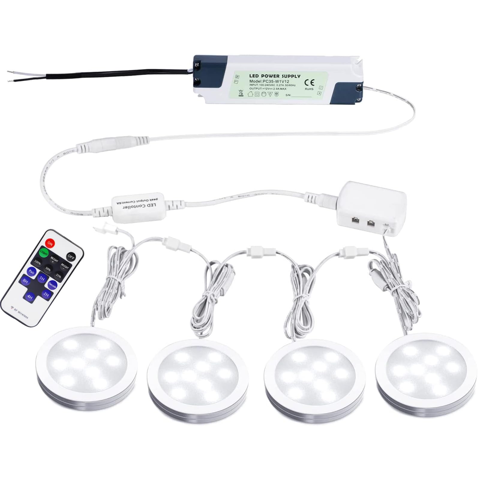 Maliben | Aiboo Linkable Led Under Cabinet Light Hardwired 12v Slim Aluminum Dimmable Puck Light With Remote Control For Illuminating Cabinets (4 Lights, Daylight White, Without Wall Adapter)