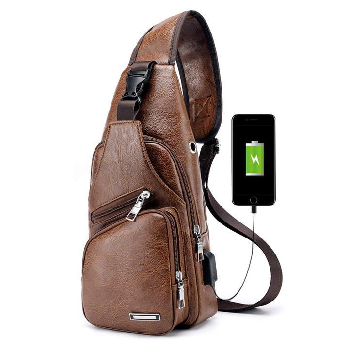 Maliben | Large Men's Leather Bag Chest Backpack Waterproof Crossbody Bag With Usb