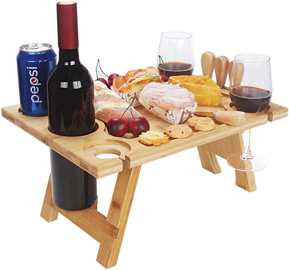 Maliben | Portable Wine Table Vinlora Foldwood | Foldable & Mobile | Made Of Wood | With Bottle & Glass Holder | For Picnic, Garden & Camping