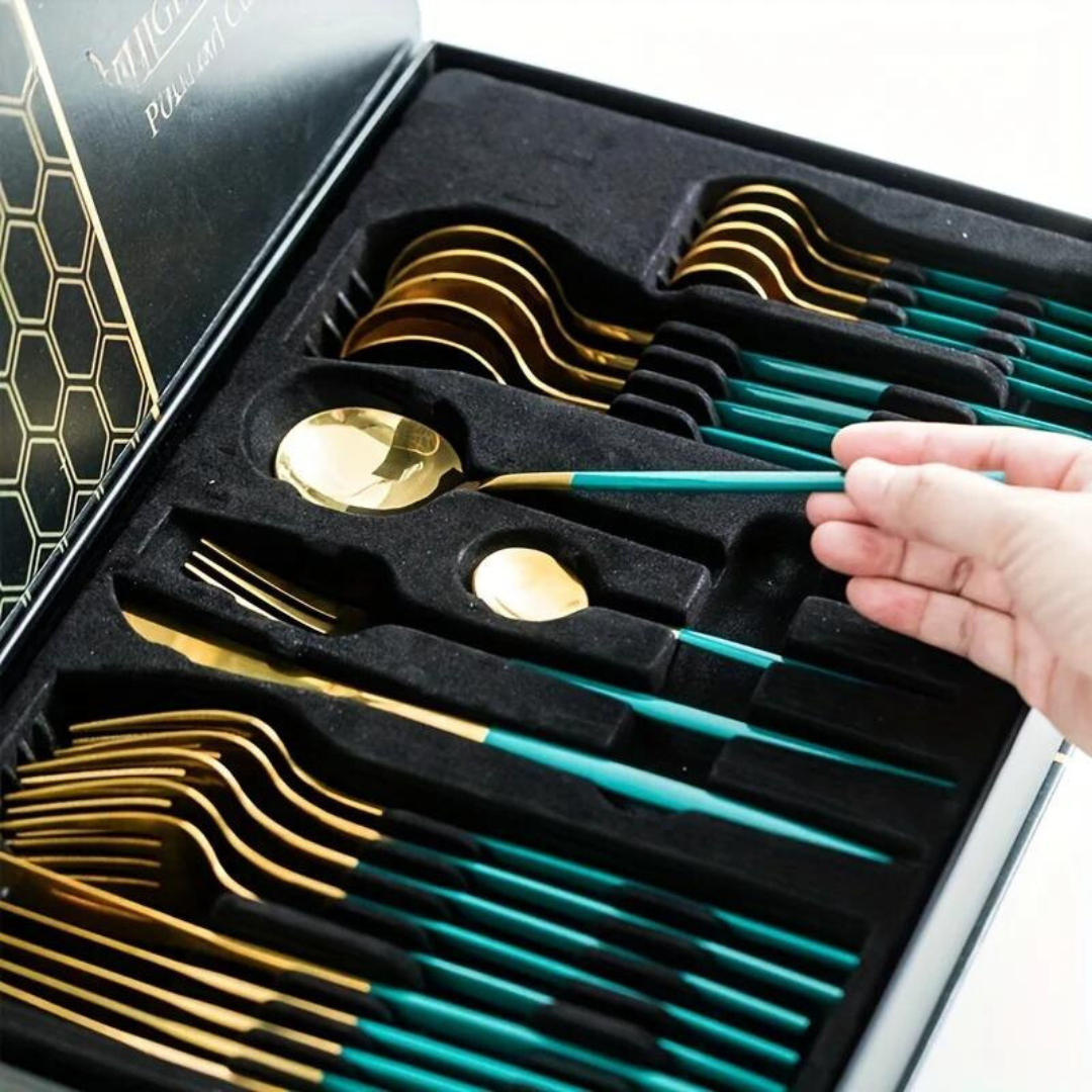 Maliben | Golden Cutlery Set Luxury – 24-Piece For Stylish Dining Experience