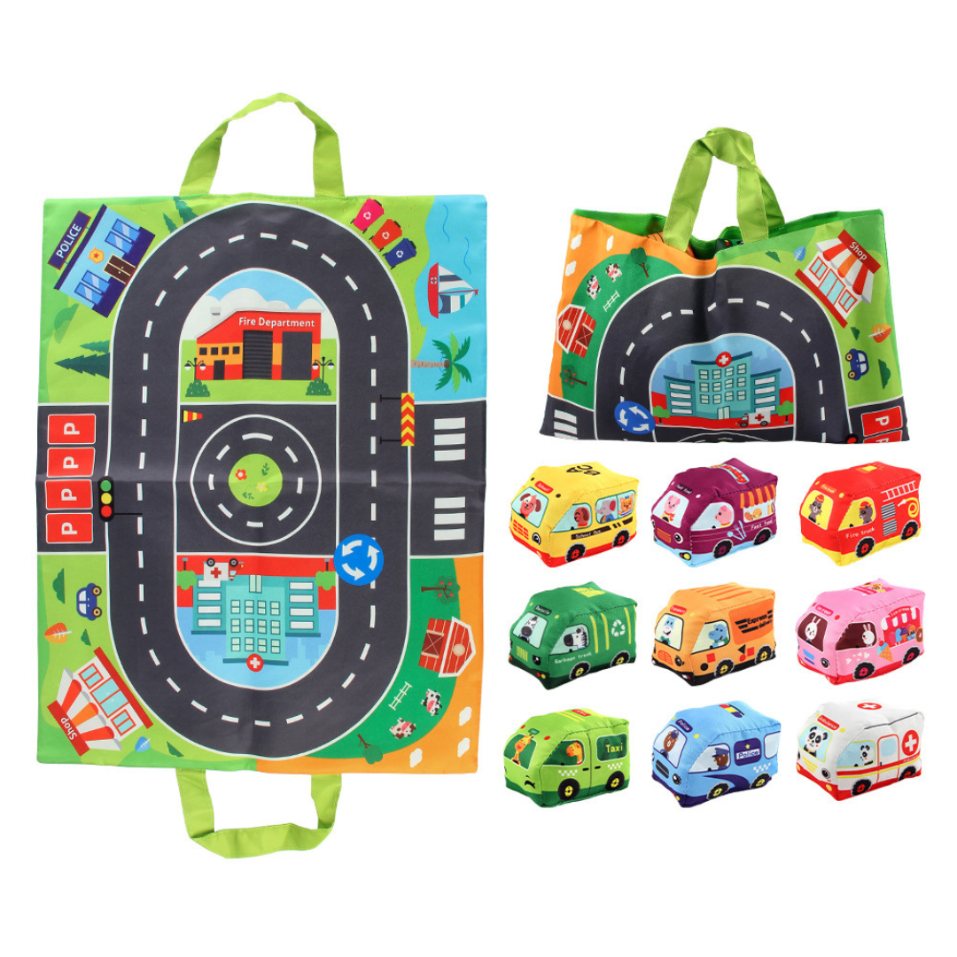 Maliben | 2in1 Sensory Plush Toy Cars With Road Mat And Bag For On The Go
