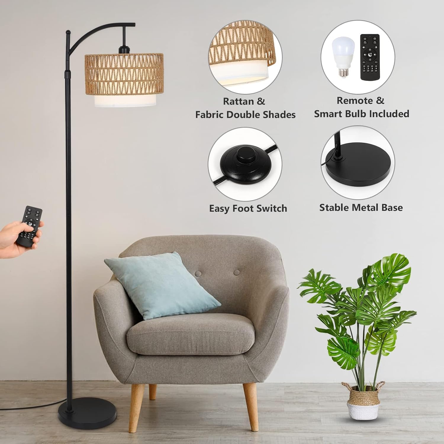 Maliben Arc Floor Lamp with Remote Control & Dual Shades – Norvella