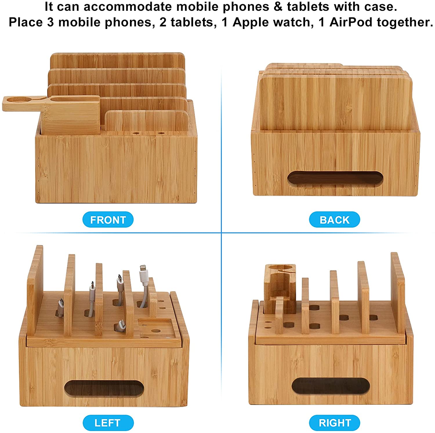 Maliben | Tekavo Chargedock Charging Station Made Of Bamboo | 5-Port Usb & Organizer | For Smartphone, Tablet & Smartwatch | Incl. Cable Set