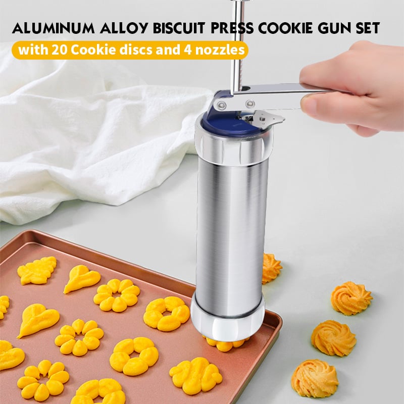 Maliben | Cookie Press Kit | 20 Stainless Steel Discs & 4 Nozzles | Adjustable Size & Easy Clean | Bakejoy