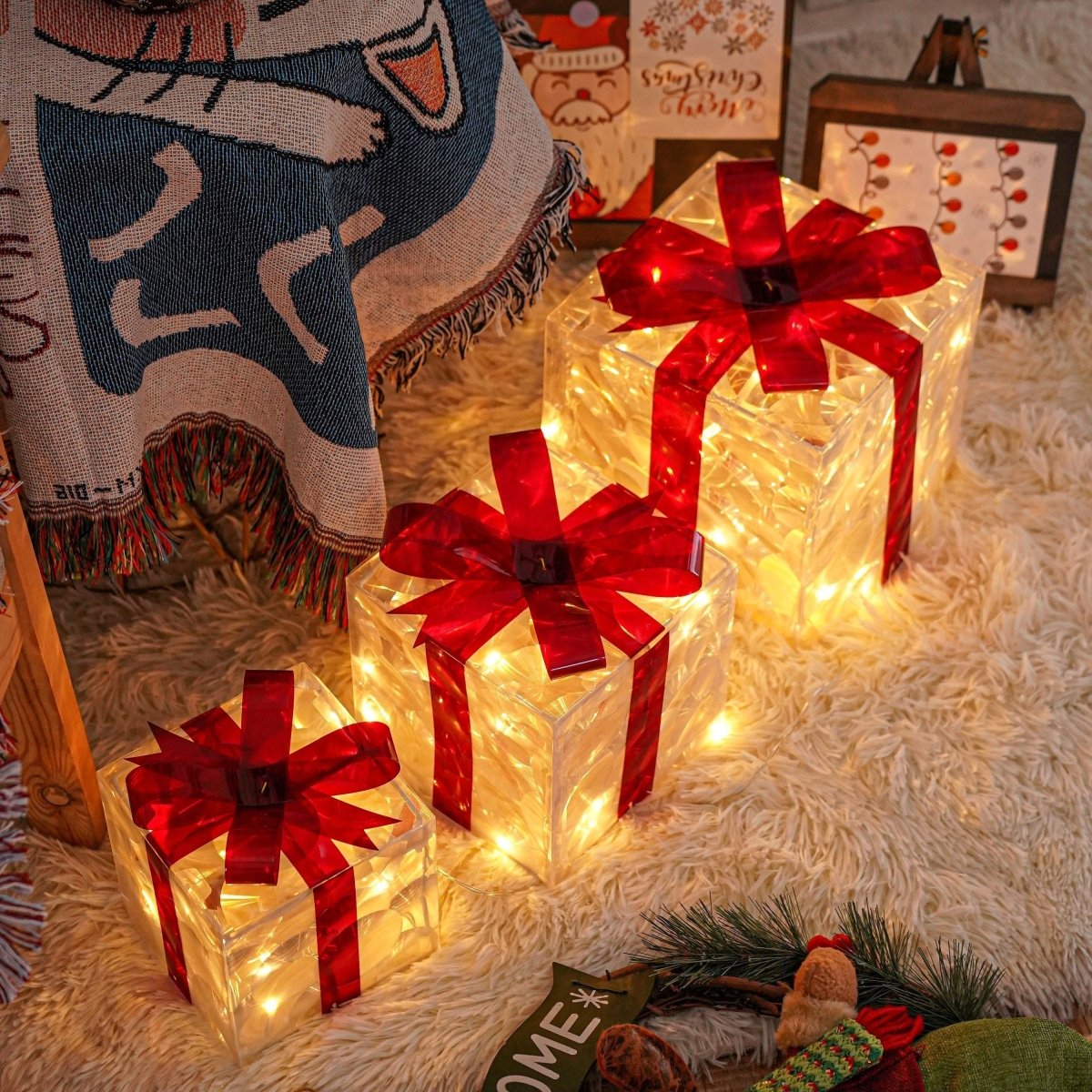 Maliben | Luminous Gifts - Set Of 3 Illuminated Boxes - Christmas Decoration For Indoor And Outdoor