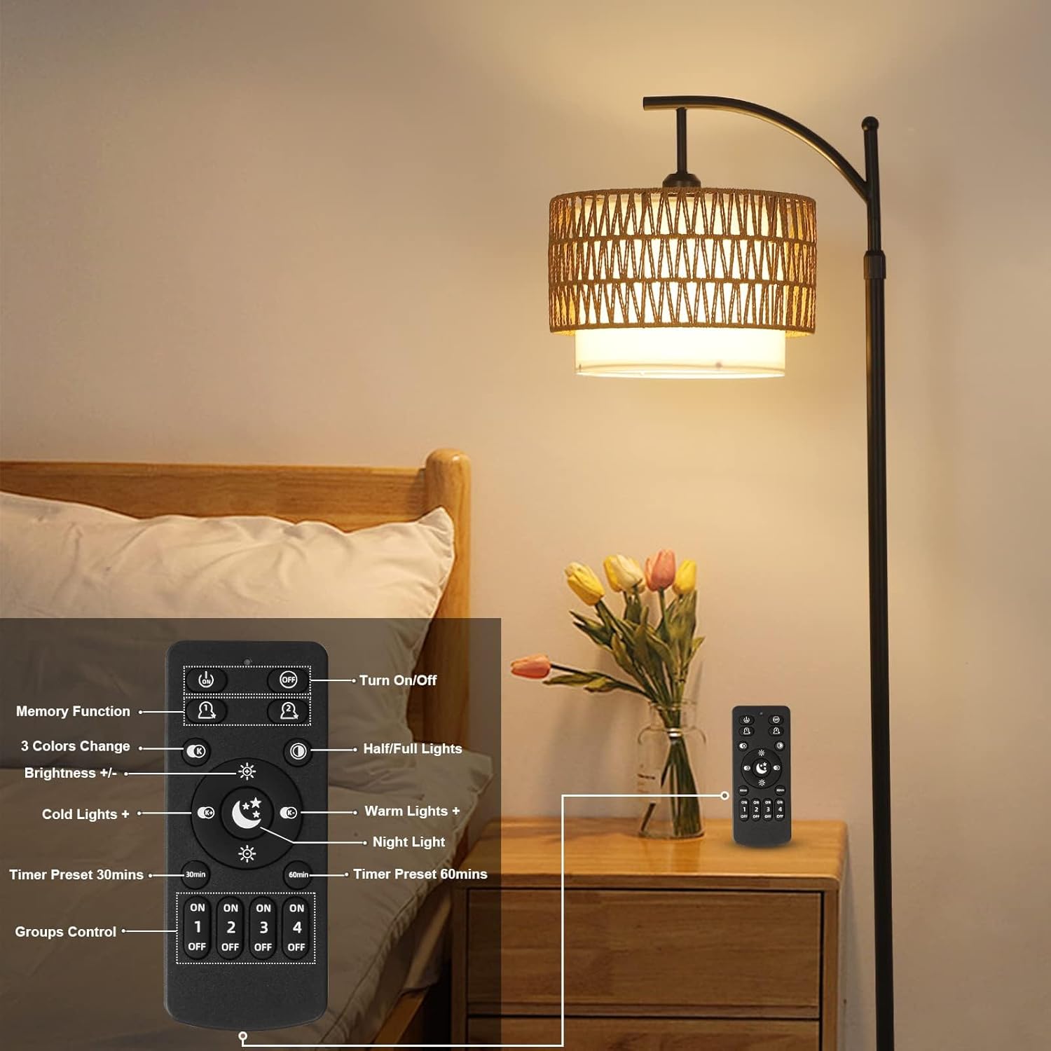 Maliben Arc Floor Lamp with Remote Control & Dual Shades – Norvella