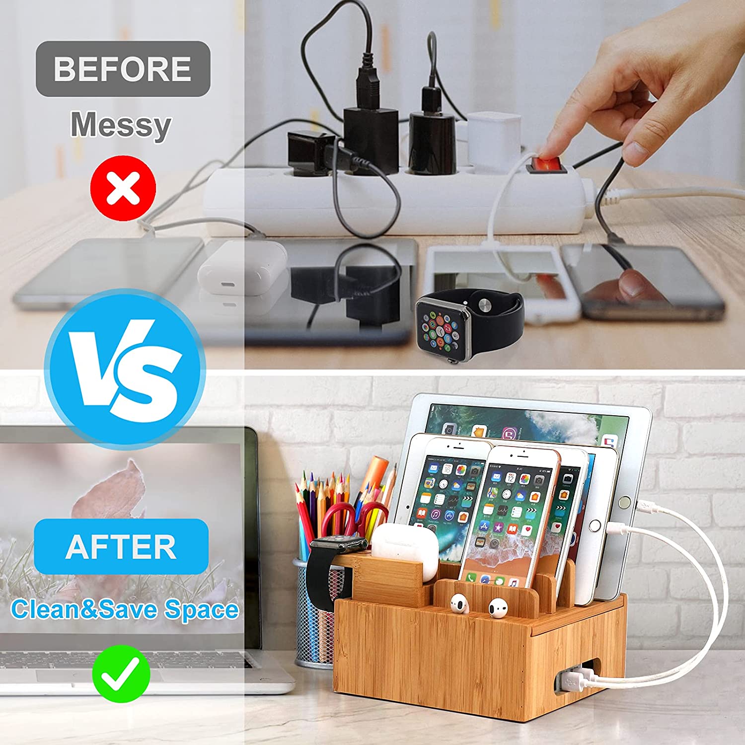 Maliben | Tekavo Chargedock Charging Station Made Of Bamboo | 5-Port Usb & Organizer | For Smartphone, Tablet & Smartwatch | Incl. Cable Set