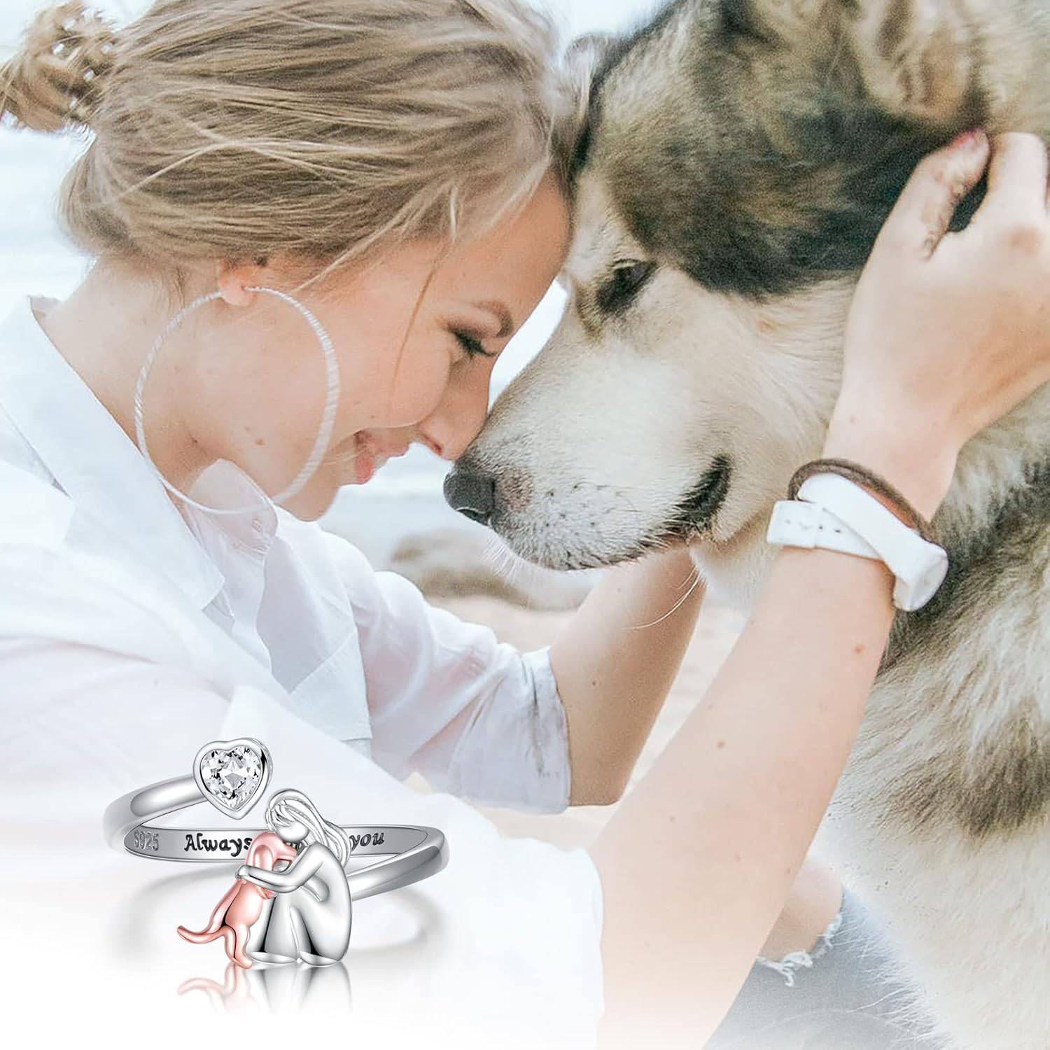 Maliben | Silverpaw | Adjustable Dog RIng Always in My Heart With Zirconia Stones