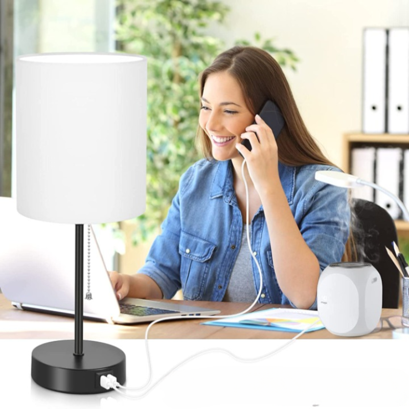 Maliben | Table Lamp Set Of 2 With Usb Charging Ports, Gray Bedside Lamps With Ac Outlet, Bedside Lamps With Pull Switch, Minimalist Modern Desk Lamps With Fabric Shade For Living Room Bedroom Office