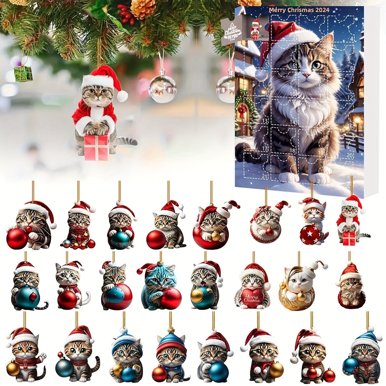 Maliben | Vintage Cats Advent Calendar – 24-Piece Christmas Calendar With Acrylic Hang Tags
