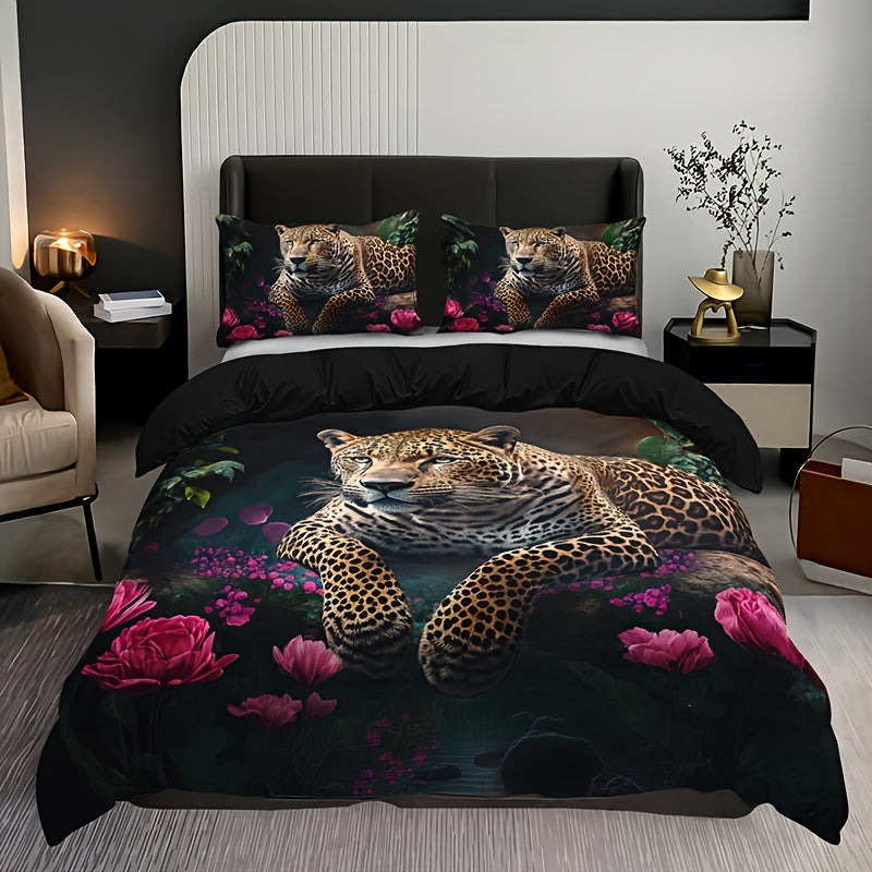 Maliben | Luxurious Animal Print Bedding Set With Rose Pattern - 3-Piece