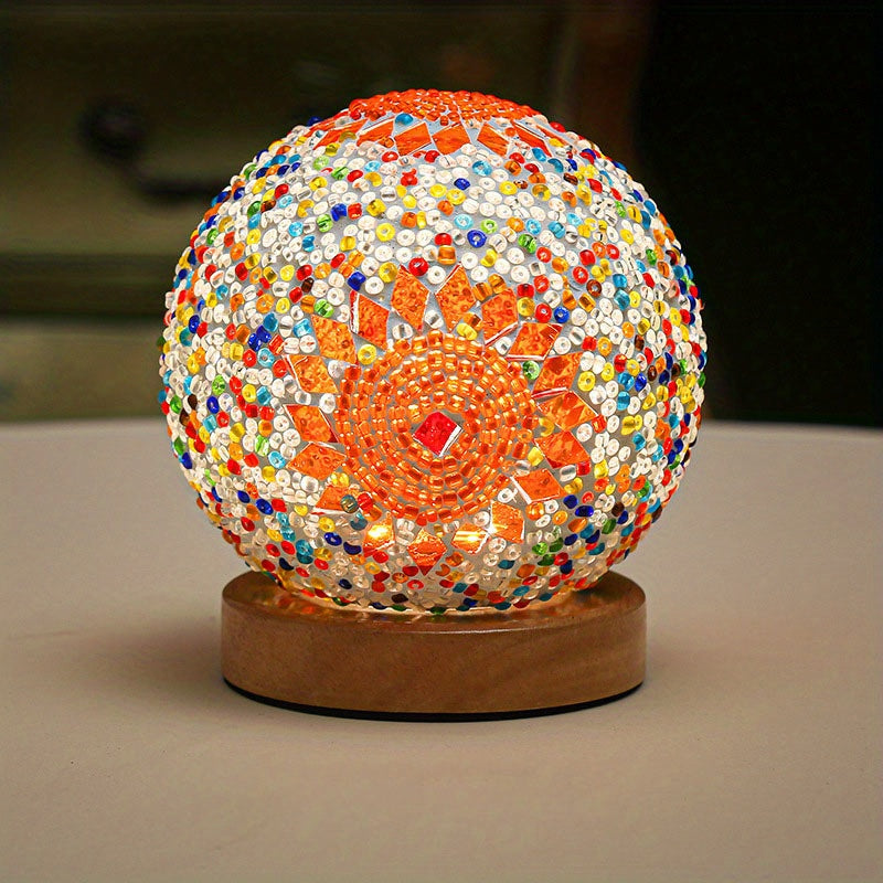Maliben | Mosaic Glass Ball Table Lamp With Wooden Base - Turkish Moroccan Inspired