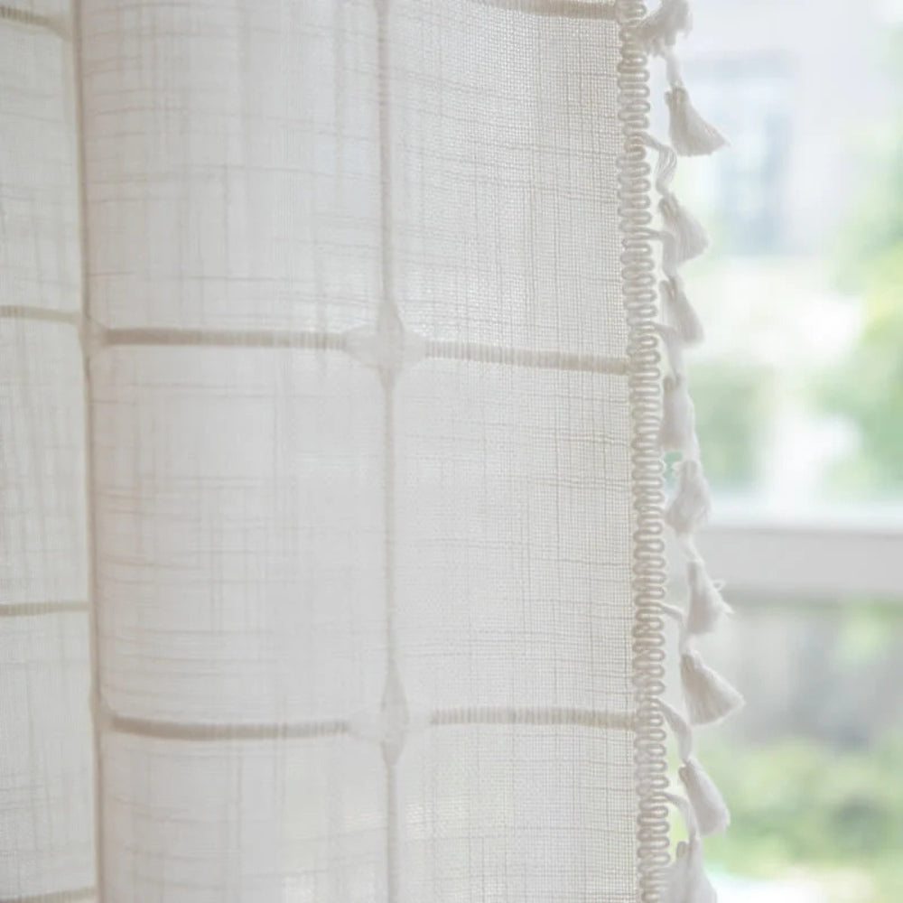 Maliben | Cotton Linen Shower Curtain Check Print Fringes Waterproof Machine Washable Bathroom Decor