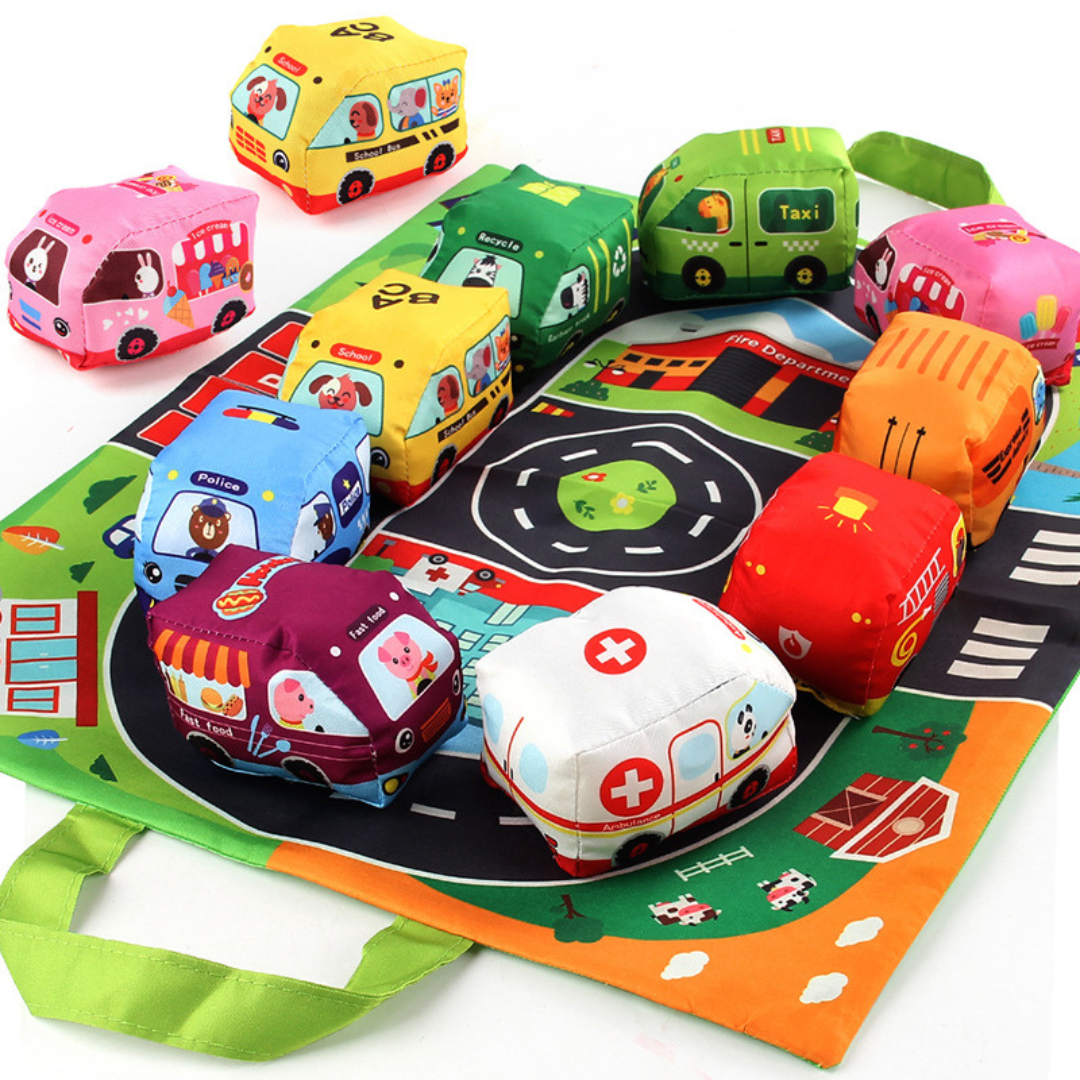 Maliben | 2in1 Sensory Plush Toy Cars With Road Mat And Bag For On The Go