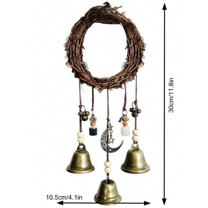 Maliben | Witch Bell HangIng Decor | Boho Rustic Design | Rattan & Metal | 11.8 in