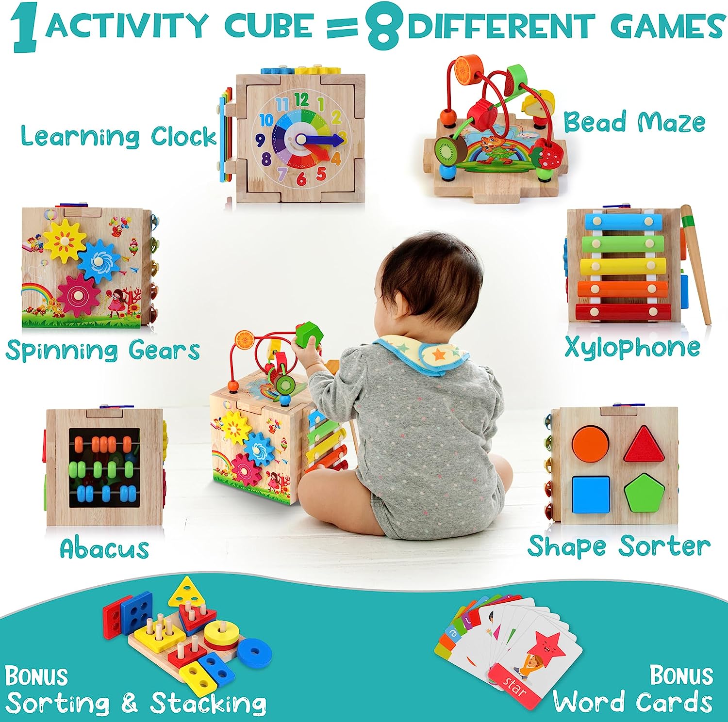 Maliben | Stylish 8-In-1 Montessori Activity Cube - Educational Play Fun For Babies