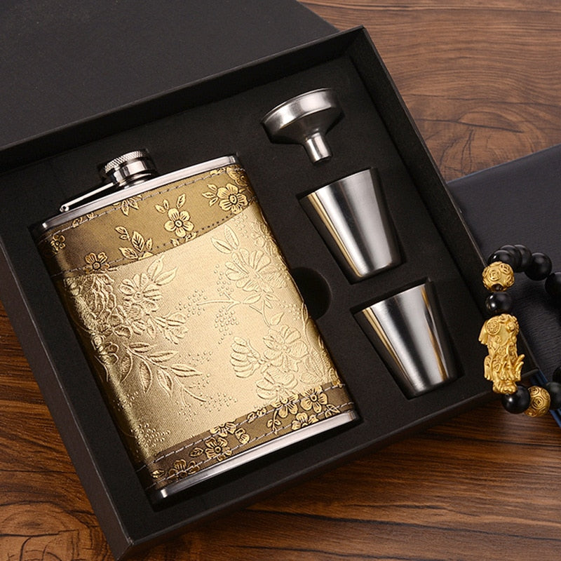 Maliben | 8oz Whisky Bottle made of Stainless Steel Alcohol Funnel Hip Flask Embroidered Golden Silk Fabric Packaging Gift Box Set