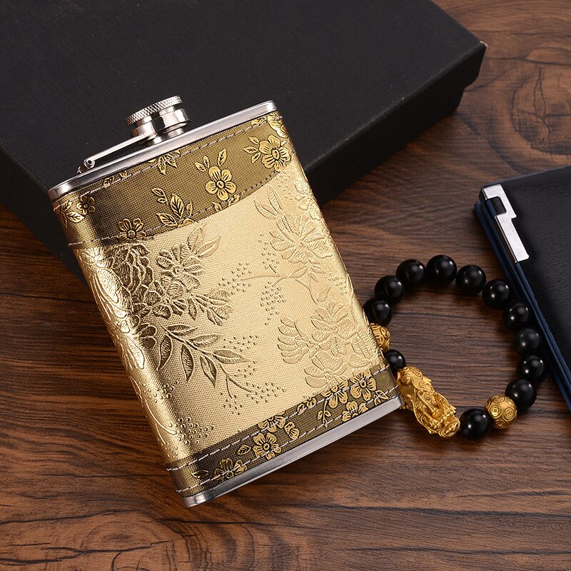 Maliben | 8oz Whisky Bottle made of Stainless Steel Alcohol Funnel Hip Flask Embroidered Golden Silk Fabric Packaging Gift Box Set