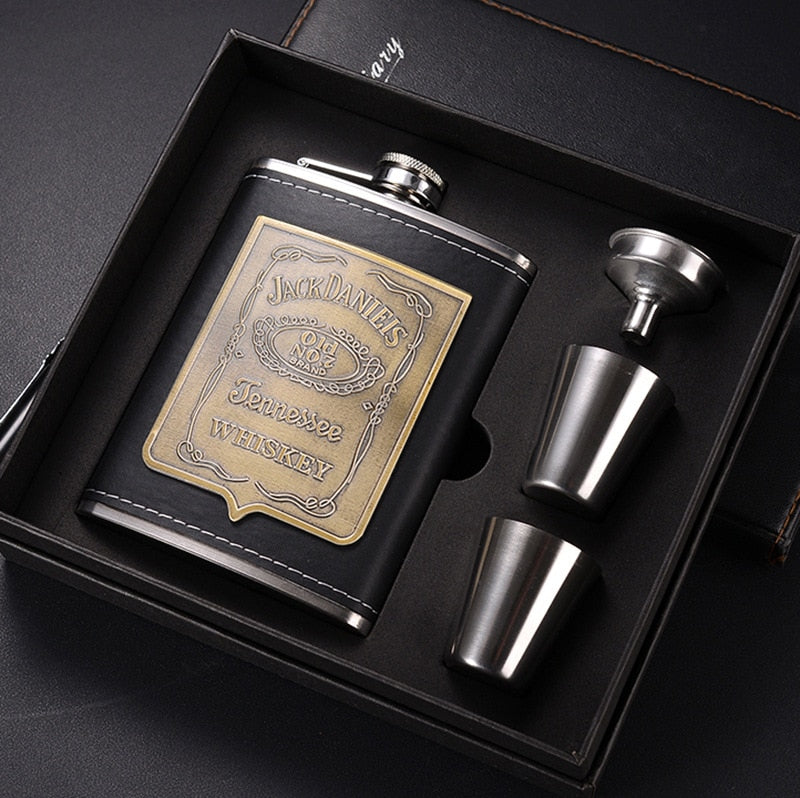 Maliben | 8oz Whisky Bottle made of Stainless Steel Alcohol Funnel Hip Flask Embroidered Golden Silk Fabric Packaging Gift Box Set