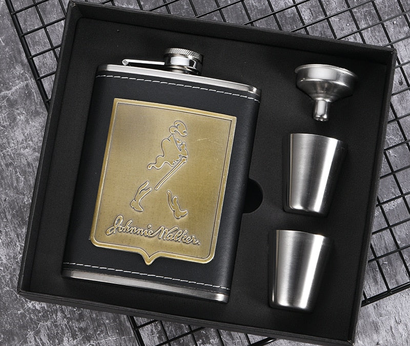 Maliben | 8oz Whisky Bottle made of Stainless Steel Alcohol Funnel Hip Flask Embroidered Golden Silk Fabric Packaging Gift Box Set