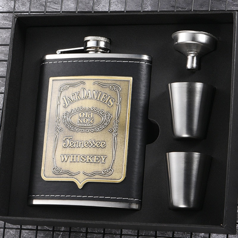 Maliben | 8oz Whisky Bottle made of Stainless Steel Alcohol Funnel Hip Flask Embroidered Golden Silk Fabric Packaging Gift Box Set