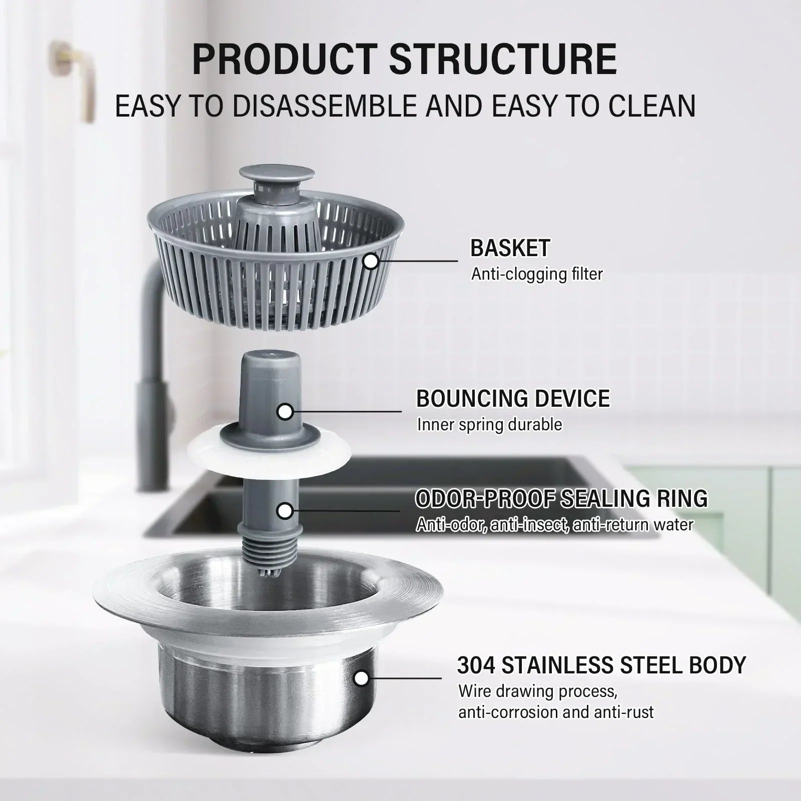 Maliben | Drain Strainer & Stopper | 304 Stainless Steel + Abs | Anti-Clog Basket | Fits Standard Kitchen Sinks