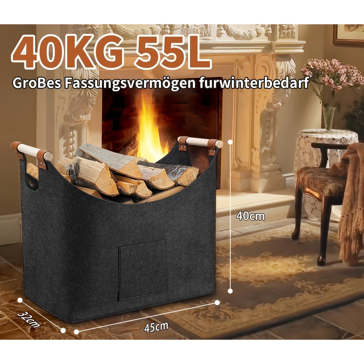 Maliben | Felt Log Basket Feldura | Collapsible | 55l Volume | With Wooden Handles & Leather Details | Dark Gray
