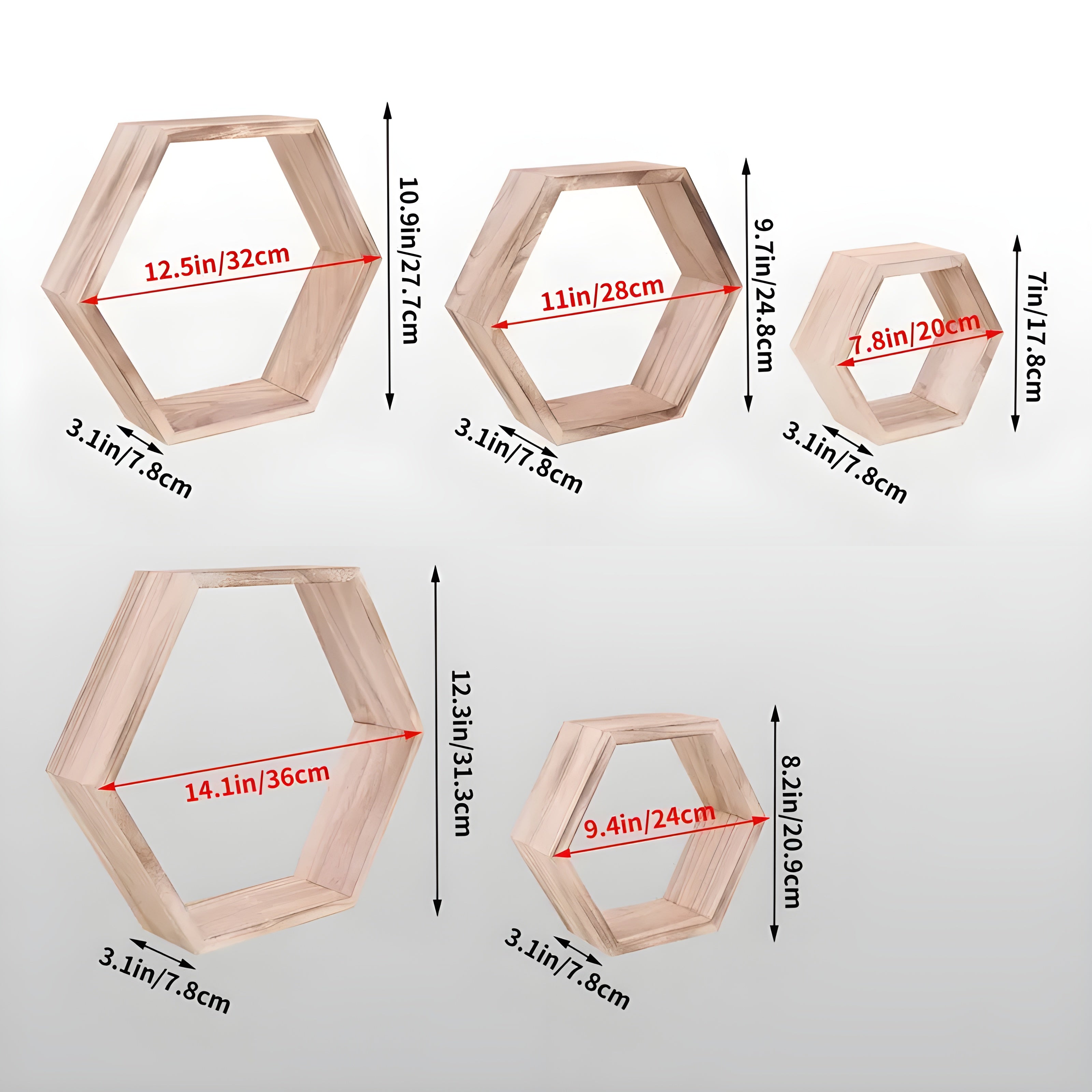 Maliben | Wall Shelf Set HexaWood | 5-Piece | Hexagon Design | Rustic wood Look