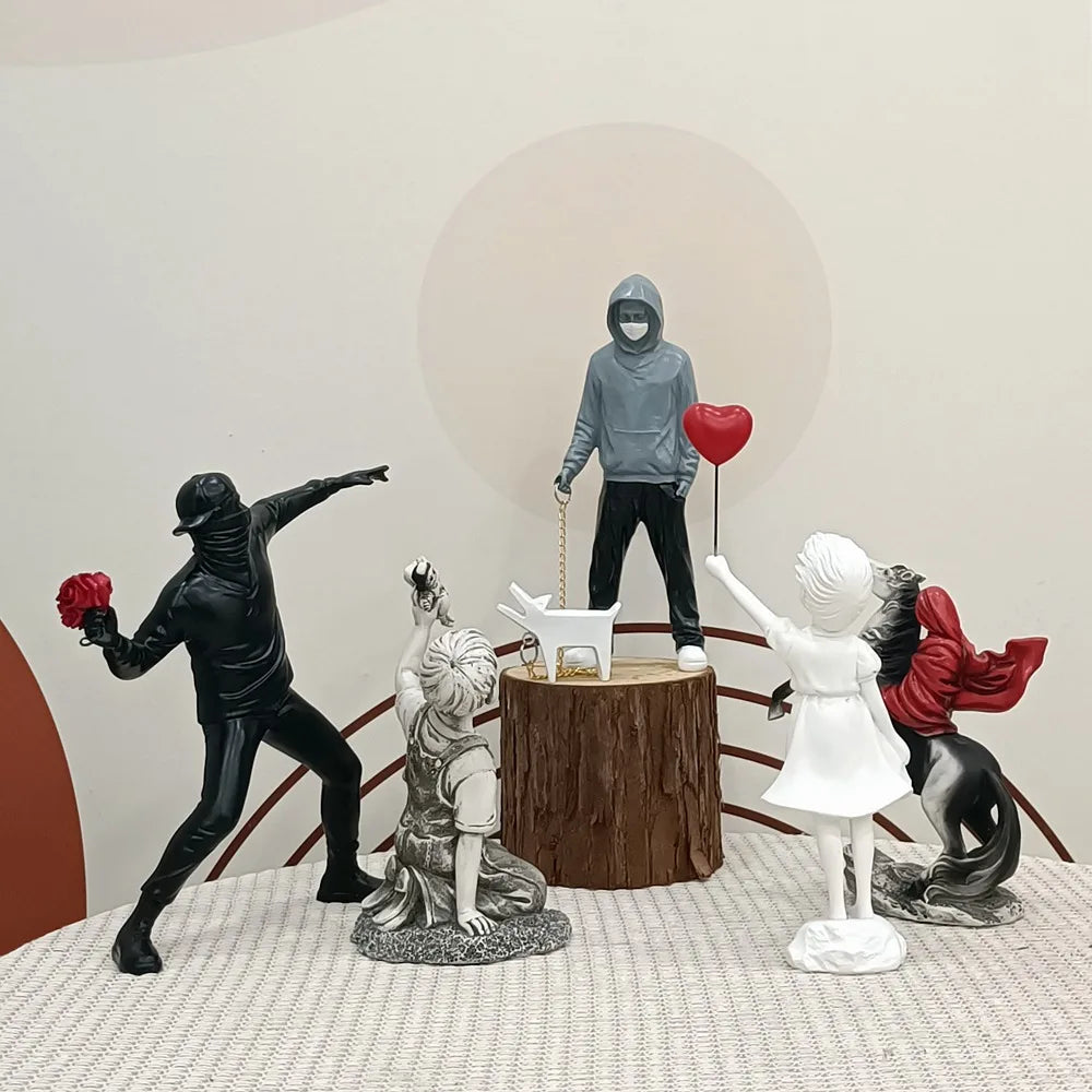 Maliben | Artify Banksy Sculpture Collection | Flower Thrower & Balloon Girl | Pop Art Figures | Modern Office & Home Decoration